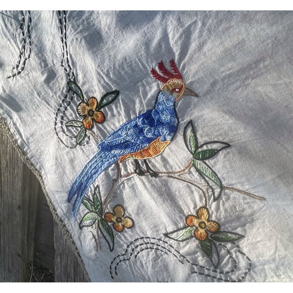 Arts & Crafts Linen Embroidery Table Runner Dresser Scarf Set Bird Of Paradise - Picture 13 of 16